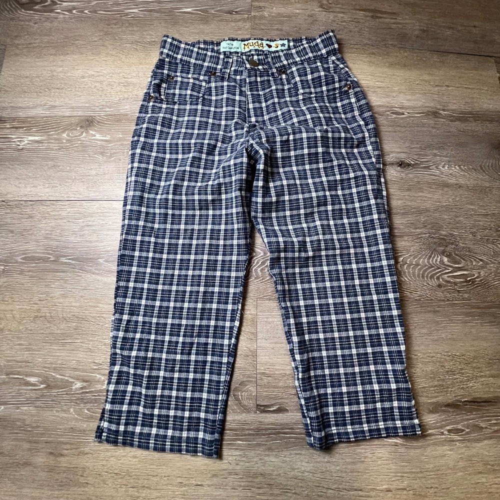 Mudd Plaid Trousers Kids Size 1 Navy Blue White Check Straight Leg Y2K 90s Style